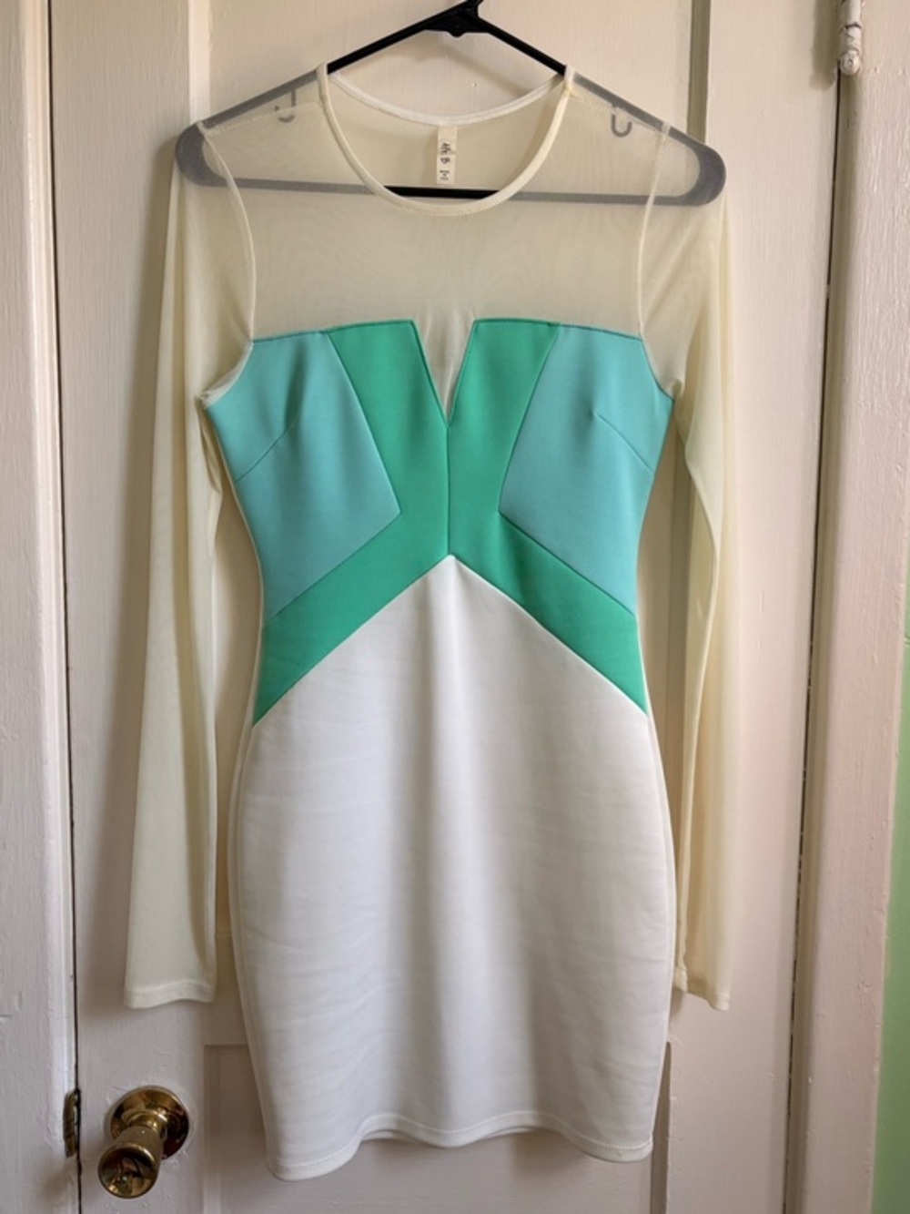 Cream Teal Mint Long Sleeve Mesh Panel Bodycon Dress